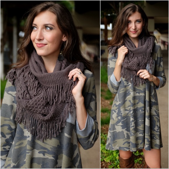 Infinity Raine Accessories - Charcoal Pointelle Fringed Infinity Scarf